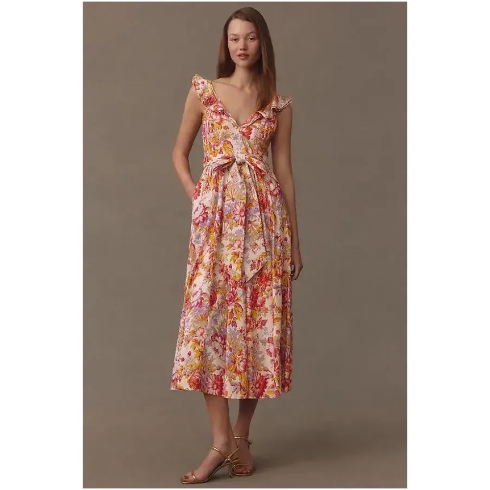 BHLDN Sadie V-Neck Fit & Flare Linen Blend Midi Dress - size L